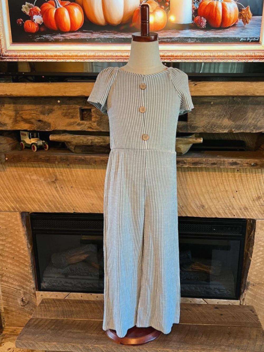 Girls' Blue and White Striped Short-Sleeve Jumpsuit